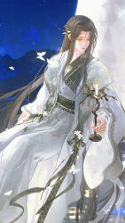  1boy bead_bracelet beads black_hair black_robe bracelet bug butterfly candle candlestand chinese_clothes chinese_commentary closed_mouth crescent_moon earrings expressionless facial_mark feet_out_of_frame fishnets floral_print flower flower_ornament forehead_mark green_sash green_shawl hair_ornament hanfu head_chain highres holding_candlestand jewelry leaf_hair_ornament lily_(flower) lily_print long_hair long_sleeves looking_to_the_side male_focus moon mountainous_horizon on_crescent orange_lips original parted_bangs robe sash see-through_clothes see-through_shawl shawl sidelocks sitting sky solo star_(sky) starry_sky two-tone_robe very_long_hair water watermark weibo_watermark white_butterfly white_flower white_hanfu white_lily white_robe wide_sleeves yellow_eyes yimaoxun 