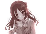  1girl blush bow checkered_clothes checkered_scarf closed_mouth coat dot_nose hair_bow hand_up highres idolmaster idolmaster_cinderella_girls long_hair long_sleeves looking_at_viewer monochrome scarf sidelocks solo tachibana_arisu tottoto_tomekichi upper_body white_background 