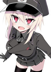  1girl absurdres belt black_gloves black_jacket black_necktie black_skirt black_thighhighs blonde_hair cross epaulettes fang gloves hat highres iron_cross jacket jiseki_rena looking_at_viewer military_hat military_uniform necktie original peaked_cap red_eyes reichsadler rena_(jiseki_rena) short_hair skin_fang skirt slit_pupils solo thigh-highs totenkopf tsurime white_background zettai_ryouiki 