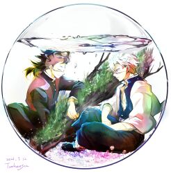  2boys air_bubble artist_name black_pants black_shirt branch bubble closed_eyes closed_mouth dated fishbowl full_body highres kimetsu_no_yaiba long_sleeves looking_at_another male_focus multiple_boys pants parted_lips scar seaweed shaved_head shinazugawa_genya shinazugawa_sanemi shirt short_hair simple_background sitting tomkureson water white_background white_shirt 