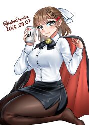  1girl absurdres asahi_(kancolle) asahi_breweries beer_can black_pantyhose black_skirt braid breasts brown_hair can dated drink_can grey_eyes hair_ribbon highres holding holding_can kantai_collection katou_shinobu large_breasts long_sleeves looking_at_viewer miniskirt mole mole_under_mouth office_lady pantyhose pencil_skirt ribbon seiza shirt short_hair sitting skirt smile solo white_ribbon white_shirt 
