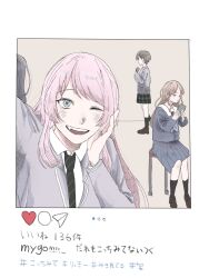  4girls bang_dream! bang_dream!_it&#039;s_mygo!!!!! black_socks blazer blue_shirt blue_skirt brown_hair cellphone chihaya_anon commentary_request fang green_necktie green_skirt grey_eyes grey_hair grey_jacket haneoka_school_uniform highres holding holding_microphone holding_phone instagram jacket long_hair microphone multiple_girls nagasaki_soyo necktie one_eye_closed open_mouth osakanano_fly phone pink_hair plaid_clothes plaid_skirt pleated_skirt school_uniform selfie shiina_taki shirt short_hair skirt smartphone smile socks takamatsu_tomori translation_request tsukinomori_school_uniform 