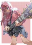  1girl blue_eyes blue_skirt blurry bocchi_the_rock! border closed_mouth crossed_bangs cube_hair_ornament depth_of_field electric_guitar feet_out_of_frame foreshortening from_side gibson_les_paul gotoh_hitori guitar hair_between_eyes hair_ornament hair_over_one_eye highres holding holding_plectrum instrument jacket long_hair long_sleeves looking_down miniskirt music one_side_up outside_border pink_background pink_hair pink_jacket playing_instrument pleated_skirt plectrum polka_dot polka_dot_background skirt sofa_(enogunomu) solo solo_focus track_jacket white_border 