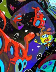  3boys a-kai202 black_shoes blue_eyes brown_pants buck_teeth bus commentary english_commentary fish_boy hat highres incidental_211 motor_vehicle multiple_boys necktie pants patrick_star red_necktie road running shirt shoes spongebob_squarepants spongebob_squarepants_(series) star_(sky) teeth white_shirt 