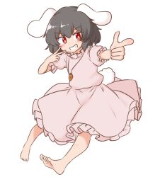  1girl :d animal_ears barefoot black_hair blush bright_pupils commentary dot_nose double_finger_gun finger_gun full_body grin inaba_tewi mizusoba outstretched_arm pink_shirt pink_skirt pointing pointing_at_viewer puffy_short_sleeves puffy_sleeves rabbit_ears rabbit_girl rabbit_tail red_eyes shirt short_hair short_sleeves simple_background skirt smile soles solo split_mouth symbol-only_commentary tail touhou v white_background white_pupils 