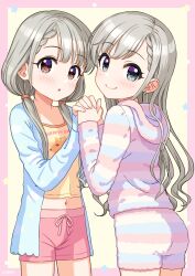  2girls blush brown_eyes camisole flat_chest grey_eyes grey_hair highres hisakawa_hayate hisakawa_nagi holding_hands idolmaster idolmaster_cinderella_girls long_hair looking_at_viewer multiple_girls navel pajamas shorts siblings sisters smile twins twintails wgm_oekaki 