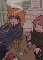  2girls absurdres alternate_form ashtray bear_hat blush brown_hair can cigarette elbow_rest graffiti highres holding holding_can holding_cigarette iwakura_lain jacket lighter lucky_strike monster_energy multiple_girls nzzcsm open_mouth pda pink_hair red_eyes ribbon_cable rock_balancing serial_experiments_lain single_sidelock sketch sleeves_past_fingers sleeves_past_wrists smoking stacking track_jacket 