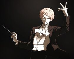  1boy arm_up black_background buttons commentary_request conductor_baton ensemble_stars! gloves highres holding itsuki_shu korean_commentary long_sleeves male_focus pink_hair seogil short_bangs short_hair smile solo teeth upper_body violet_eyes white_gloves 