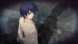  1boy artist_request blazer blue_hair brown_jacket chaos;head check_artist collared_shirt dress_shirt floating_neckwear from_above from_behind frown furrowed_brow game_cg grey_eyes highres jacket long_sleeves looking_at_viewer looking_back male_focus necktie nishijou_takumi official_art official_wallpaper plaid_clothes plaid_necktie purple_necktie red_trim sasaki_mutsumi school_uniform science_adventure serious shadow shirt short_hair solo suimei_academy_school_uniform upper_body white_shirt 