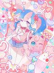  1girl blue_skirt cake cake_slice candy candy_heart cardigan cherry choker clefairy fairy_miku_(project_voltage) flower food fruit hair_flower hair_ornament hatsune_miku heart heart_choker heart_lollipop highres ice_cream jigglypuff konpeitou lollipop long_hair milkshake multicolored_hair one_eye_closed pink_cardigan pixel_heart poke_ball pokemon pokemon_(creature) project_voltage quzie rocking_horse shaped_lollipop skirt star_(symbol) strawberry_shortcake sundae swirl_lollipop twintails two-tone_hair v v_over_eye very_long_hair vocaloid 