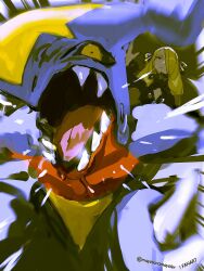  1girl black_sclera blonde_hair closed_mouth coat colored_sclera cynthia_(pokemon) fangs fur-trimmed_coat fur_collar fur_trim garchomp grey_eyes hair_ornament hair_over_one_eye highres long_hair long_sleeves looking_at_viewer mayotsunamayo open_mouth pokemon pokemon_(creature) pokemon_dppt pokemon_focus sharp_teeth smile teeth yellow_eyes 