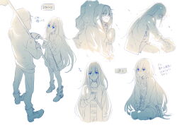  1boy 1girl ankle_boots bag blue_eyes boots choker highres holding holding_knife holding_scythe hood hood_up hoodie isaac_foster jacket knife long_hair looking_at_another multiple_views pants rachel_gardner satsuriku_no_tenshi scythe shirt short_hair shorts shoulder_bag simple_background sitting spot_color striped_clothes striped_shirt tidsean white_background 