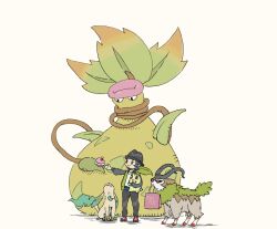  1boy atami_tea bag belt black_hair black_hat chikorita closed_mouth colored_skin food full_body goat gogoat green_jacket hat highres holding holding_poke_ball horns jacket leaf leafeon long_sleeves mega_pokemon mega_victreebel open_clothes open_jacket pants pastry paxton_(pokemon) pink_lips plant plant_monster poke_ball pokemon pokemon_(creature) pokemon_legends:_z-a red_eyes shirt shoes shopping_bag short_hair smile victreebel vines white_shirt yellow_skin 
