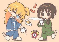  2girls =_= ahoge alarm_clock alternate_costume black_eyes black_hair blonde_hair blue_pajamas chibi chibi_only chito_(shoujo_shuumatsu_ryokou) clock closed_eyes closed_mouth coffee_mug cup drooling fried_egg green_pajamas holding holding_cup long_sleeves low_twintails medium_hair mug multiple_girls nikudango nose_bubble open_mouth pajamas pants saliva short_twintails shoujo_shuumatsu_ryokou slippers twintails white_slippers yuuri_(shoujo_shuumatsu_ryokou) 