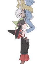  3girls arms_around_waist black_hair black_jacket chabashira_tenko choker closed_eyes collared_jacket commentary_request danganronpa_(series) danganronpa_v3:_killing_harmony dark-skinned_female dark_skin eyelashes floating from_side gem_hair_ornament green_eyes hair_ornament hairband hands_on_another&#039;s_cheeks hands_on_another&#039;s_face hat hat_belt highres jacket layered_skirt long_hair long_sleeves low_twintails multiple_girls pantyhose pink_choker pink_hairband pleated_skirt profile raamensusure raincoat red_eyes red_hair red_skirt school_uniform shirt short_hair simple_background skirt smile standing tearing_up twintails white_background white_hair witch_hat yellow_raincoat yonaga_angie yumeno_himiko 