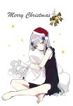  1girl artist_request bare_legs barefoot black_dress blunt_bangs blush check_artist christmas closed_mouth commentary_request cross cross_hair_ornament dress full_body girls_frontline green_eyes grey_hair gyaku_tsubasa hair_ornament half-closed_eyes hat head_tilt hk416_(girls&#039;_frontline) hugging_object indian_style iron_cross long_hair looking_to_the_side merry_christmas pillow pillow_hug red_headwear sack santa_hat simple_background sitting sketch smile solo star_(symbol) teardrop_facial_mark third-party_source very_long_hair white_background white_bag 