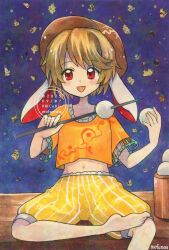  1girl animal_ears blonde_hair brown_hat commentary dango dated flat_cap floppy_ears food hashtag-only_commentary hat highres holding holding_skewer looking_at_viewer maa_(forsythia1729) midriff navel open_mouth orange_shirt rabbit_ears rabbit_girl red_eyes ringo_(touhou) shirt short_hair short_sleeves shorts sitting skewer smile touhou traditional_media twitter_username wagashi watermark yellow_shorts 