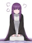  1girl :t =3 angry black_robe closed_mouth clouds dress fern_(sousou_no_frieren) frown gown half_updo highres kneeling long_hair long_sleeves muina pout purple_hair robe simple_background sitting solo sousou_no_frieren violet_eyes white_background 