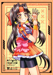  1girl absurdres akihabara_dennou_gumi bike_shorts black_hair bow earrings headband higashijuujou_tsugumi highres jewelry kazusa_hiyori long_hair orange_eyes orange_headband pleated_skirt school_uniform skirt smile wristband 