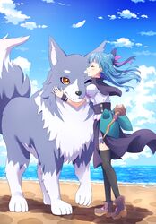  1girl beach black_capelet black_thighhighs blue_hair blue_sky capelet closed_eyes dog earrings feather_hair_ornament feathers genjitsu_no_yohane grey_fur hair_bun hair_ornament heart heart_earrings highres hug jewelry lailaps_(genjitsu_no_yohane) long_hair love_live! love_live!_sunshine!! ocean qy73 single_side_bun skirt sky staff thigh-highs tsushima_yoshiko white_feathers white_fur 