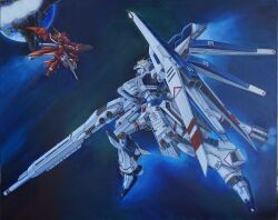  1980s_(style) artist_request asteroid axis_(gundam) beam_rifle char's_counterattack char's_counterattack_-_beltorchika's_children duel earth_(planet) earth_federation earth_federation_space_forces energy_gun fin_funnels funnels_(gundam) gundam hi-nu_gundam_hws machinery mecha mecha_focus mobile_suit neo_zeon nightingale_(gundam) no_humans official_art painting_(medium) planet promotional_art retro_artstyle robot scan scene_reference science_fiction space traditional_media v-fin weapon 