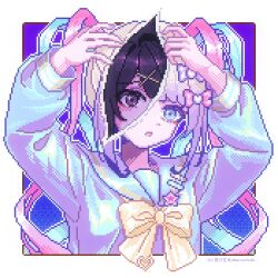  :o ame-chan_(needy_girl_overdose) aseprite_(medium) black_eyes black_hair blonde_hair blue_background blue_eyes blue_shirt border bow chest_bow chouzetsusaikawa_tenshi-chan colored_tips dual_persona hair_bow hands_up head_tilt heterochromia highres holographic_clothing koharustuki looking_at_viewer multicolored_hair multiple_hair_bows neck_ribbon needy_girl_overdose outside_border pixel_art quad_tails redrawn revealing_layer ribbon shirt sidelocks tearing_paper white_border 