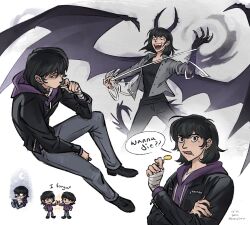  1girl :d abyssal_black_flame_dragon_(omniscient_reader's_viewpoint) bandaged_arm bandaged_hand bandages bat_wings black_eyes black_hair black_hoodie black_shirt black_wings bob_cut candy demon_horns dragon_tail english_text food full_body gradient_skin grey_jacket hair_flowing_over han_sooyoung highres holding holding_candy holding_food holding_lollipop hood hood_down hoodie horns invisible_chair jacket kemonomimi_mode lollipop multiple_views omniscient_reader's_viewpoint popped_collar purple_hood shirt short_hair sitting smile speech_bubble tail transformation two-tone_hoodie wings wiseseamonster 