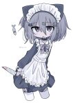  1girl apron artist_name black_dress bow bowtie dress grey_hair hair_between_eyes hair_ornament holding holding_knife kanikan knife long_sleeves maid_headdress original purple_bow purple_bowtie short_hair simple_background solo tongue tongue_out violet_eyes white_background 