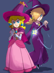  2girls blonde_hair blue_eyes brooch cape closed_mouth crown dress earrings elbow_gloves gloves gold_crown hair_over_one_eye hat highres holding holding_wand jewelry lipstick long_dress long_hair long_sleeves looking_at_viewer makeup mario_kart mario_kart_tour multiple_girls official_alternate_costume official_style pantyhose pink_dress pink_hat pink_lips princess_peach princess_peach_(halloween) puffy_short_sleeves puffy_sleeves purple_dress purple_hat rosalina rosalina_(halloween) short_sleeves simple_background sphere_earrings standing star_(symbol) star_brooch star_earrings star_wand super_mario_bros. wand white_gloves witch_hat yamari_(ya_mari_6363) 