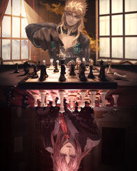  2boys alternate_hairstyle bishop_(chess) black_gloves black_jacket blonde_hair board_game chess chess_piece chessboard cleavage_cutout clothing_cutout commentary_request diavolo english_text formal_clothes giorno_giovanna gloves green_lips grey_eyes high_collar indoors italian_text jacket jojo_no_kimyou_na_bouken knight_(chess) kom_(water0371) ladybug_ornament long_hair long_sleeves looking_at_viewer makeup male_focus multiple_boys necktie official_alternate_costume pawn_(chess) pectoral_cleavage pectorals pink_hair playing_chess queen_(chess) red_necktie rook_(chess) suit translation_request upside-down vento_aureo window wing_ornament 