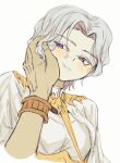  2boys blush brothers closed_mouth dark_souls_(series) dark_souls_i dark_souls_iii dark_sun_gwyndolin gold_necklace grey_hair hand_on_another&#039;s_cheek hand_on_another&#039;s_face highres jewelry multiple_boys nameless_king necklace otoko_no_ko parted_bangs short_hair siblings simple_background smile solo_focus upper_body violet_eyes white_background zunkome 