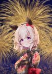  1girl absurdres aerial_fireworks animal_ears back_bow black_hairband black_kimono blurry blurry_background blush bow brown_hair closed_mouth curren_chan_(umamusume) depth_of_field ear_bow fireworks floral_print goom_(goomyparty) hairband hand_up highres horse_ears japanese_clothes kimono long_sleeves looking_at_viewer looking_to_the_side print_kimono red_bow smile solo umamusume violet_eyes wide_sleeves 