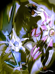  black_sclera claws colored_sclera dialga diamond_(shape) fangs highres mayotsunamayo no_humans open_mouth palkia pokemon pokemon_(creature) pokemon_focus red_eyes 