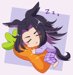  1girl animal_ears black_hair blush carrot closed_eyes fenomeno_(umamusume) holding horse_ears horse_girl horse_tail long_hair long_sleeves multicolored_hair open_mouth pajamas pants purple_hair purple_pajamas sa_420 shirt simple_background sleeping solo stuffed_toy tail umamusume 