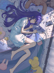  1girl absurdres alarm_clock animal_print barefoot bed_sheet bedroom bib blue_archive cardcaptor_sakura cat_print cellphone character_doll clock commentary_request crossover doll hair_down highres indoors kero_(cardcaptor_sakura) kulomi long_hair lying official_alternate_costume official_alternate_hairstyle on_bed on_side pajamas parted_bangs parted_lips phone pillow print_pajamas purple_hair short_sleeves sidelocks sleeping smartphone solo stuffed_animal stuffed_toy sunlight teddy_bear yuuka_(blue_archive) yuuka_(pajamas)_(blue_archive) 
