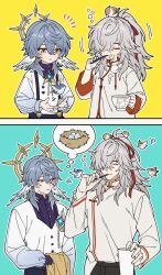  2boys aged_down animal_on_head aqua_background bird bird_nest bird_on_head buttons chinese_clothes closed_eyes closed_mouth collared_shirt commentary crossed_bangs cup earrings egg english_commentary feathered_wings gold_earrings grey_hair hair_between_eyes hair_intakes hair_over_one_eye halo halo_behind_head hand_up head_wings high_ponytail highres holding holding_cup holding_toothbrush honkai:_star_rail honkai_(series) jewelry jing_yuan long_hair long_sleeves looking_at_another looking_down male_focus mandarin_collar medium_hair mole mole_under_eye multiple_boys multiple_views notice_lines on_head one_eye_covered outline parted_bangs piercing pom_pom_(clothes) ponytail puffy_long_sleeves puffy_sleeves purple_shirt shirt shirt_partially_tucked_in sidelocks sos13825406402 speech_bubble sunday_(honkai:_star_rail) suspenders thought_bubble toothbrush turtleneck white_hair white_outline white_shirt white_wings wing_piercing wings yellow_background yellow_eyes 