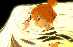  2girls @_@ black_background black_shirt blonde_hair brown_eyes brown_hair closed_mouth cookie_run cookie_run:_ovenbreak croissant_cookie curly_sidelocks dark-skinned_female dark_skin eye_contact face-to-face from_side glowing glowing_hair hair_between_eyes hair_bun highres humanization long_hair looking_at_another multiple_girls ohta_guk_hip portrait profile protected_link shirt short_hair short_sleeves sideways_mouth simple_background single_hair_bun smile timekeeper_cookie very_long_hair wind yellow_eyes 