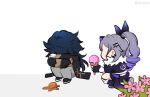  1boy 1girl bandages black_gloves black_hair black_jacket blade_(honkai:_star_rail) chibi chinese_clothes earrings english_commentary fingerless_gloves flower food from_behind gloves gradient_hair grey_hair hair_over_one_eye holding holding_food holding_ice_cream honkai:_star_rail honkai_(series) ice_cream jacket jewelry long_hair long_sleeves multicolored_hair parted_bangs ponytail purple_hair rewuyuu shirt shorts silver_wolf_(honkai:_star_rail) simple_background twitter_username 