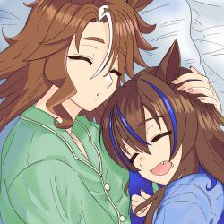  2girls animal_ears blue_hair blue_pajamas blue_streaks brown_hair closed_eyes commentary daitaku_helios_(umamusume) english_commentary green_pajamas hair_between_eyes hair_down hand_on_another&#039;s_head highres horse_ears horse_girl lying mejiro_palmer_(umamusume) multicolored_hair multiple_girls on_side open_mouth pajamas parted_bangs pillow qernelo shared_bed sleeping streaked_hair umamusume white_hair white_streaks yuri 