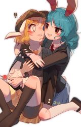  ! 2girls absurdres animal_ears black_bloomers black_jacket black_shoes black_socks blank_eyes blonde_hair bloomers blue_hair blue_nails blue_skirt blush bow bowtie brown_eyes buttons collared_shirt commentary_request dango floppy_ears food grey_vest hat highres holding holding_food housulu hug jacket jacket_on_shoulders kneeling knees lips long_hair long_sleeves multiple_girls necktie newsboy_cap open_mouth orange_bow orange_bowtie orange_nails orange_skirt rabbit_ears rabbit_girl rabbit_tail red_necktie ringo_(touhou) seiran_(touhou) shirt shoes short_hair skirt smile socks surprised tail teeth touhou triangle_mouth upper_teeth_only vest wagashi white_background white_shirt white_socks 
