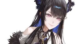  1girl absurdres black_hair black_horns black_vest closed_mouth dress_shirt english_commentary fur-trimmed_sleeves fur_trim highres hololive hololive_english horns mole mole_under_eye nerissa_ravencroft nerissa_ravencroft_(1st_costume) shirt simple_background smile solo thekaiyip vest violet_eyes virtual_youtuber white_background white_shirt 