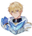  1boy absurdres artist_name bishounen blonde_hair blue_eyes gepard_landau highres honkai:_star_rail honkai_(series) male_focus short_hair signature simple_background smile soc_nau solo upper_body white_background 