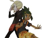  2boys absurdres anatyanman back-to-back backpack bag black_shirt blonde_hair dark-skinned_male dark_skin gladion_(pokemon) green_eyes green_hair hau_(pokemon) highres hood hoodie male_focus multiple_boys open_mouth pokemon pokemon_(game) pokemon_sm shirt shorts simple_background smile torn_clothes white_background yellow_shorts 