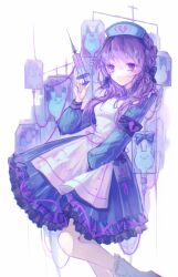  1girl animal_print apron arm_up armband asahina_mafuyu blue_dress bow braid broken_heart_print dress expressionless feet_out_of_frame hair_bow hair_over_shoulder hand_on_lap hat highres holding holding_syringe intravenous_drip looking_at_viewer multiple_hair_bows nurse_cap pastel_colors project_sekai purple_hair rabbit_print ricinxxx socks solo standing standing_on_one_leg syringe white_apron white_socks 
