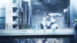  1boy 1girl 1other black_hair black_jacket blue_skin blurry blurry_foreground building chaos;child city colored_skin d-sword fat fat_man game_cg giant grey_sky hekiho_academy_school_uniform highres jacket kazuki_hana miyashiro_takuru monster navel non-web_source official_art open_mouth sasaki_mutsumi school_uniform science_adventure shibuya_(tokyo) sky standing sumo sumo_sticker_(chaos;child) tokyo_(city) violet_eyes wide-eyed 