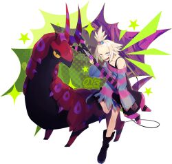  1girl aqua_eyes bare_shoulders bass_guitar black_boots boots bright_pupils cable caebeans commentary_request dress freckles hair_bobbles hair_ornament holding holding_bass_guitar holding_instrument instrument long_sleeves lower_teeth_only open_mouth pokemon pokemon_(creature) pokemon_bw2 roxie_(pokemon) scolipede standing standing_on_one_leg star_(symbol) striped_clothes striped_dress teeth topknot transparent_background two-tone_dress v-shaped_eyebrows white_hair white_pupils 