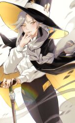  1girl absurdres black_hat black_pants bluesky_logo braid braided_ponytail cane closed_mouth coat coat_on_shoulders collared_shirt commentary cowboy_shot dress_shirt dutch_angle earrings grey_hair hair_over_shoulder hand_to_own_mouth hat high_collar highres holding holding_cane instagram_logo jewelry knowname long_hair long_sleeves looking_at_viewer pants pixiv_logo ponytail queen_(to_be_hero_x) shirt smile solo standing to_be_hero to_be_hero_x twitter_logo twitter_username two-sided_coat two-sided_fabric two-sided_headwear very_long_hair white_shirt wind yellow_coat yellow_eyes yellow_hat 