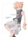  1boy belt black_belt black_footwear black_shirt character_name colored_eyelashes grey_eyes grin headphones high_collar highres jewelry light_smile male_focus midriff_peek necklace orange_hair orange_wristband pants pocket sakuraba_neku same_no_nituke3 shirt shoes short_hair shorts simple_background sleeveless sleeveless_shirt smile solo spiky_hair subarashiki_kono_sekai white_background white_headphones white_headwear white_pants white_shorts wristband 