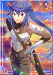  :d armor blue_hair blurry blurry_background breastplate brown_eyes brown_pants brown_shirt clouds cloudy_sky commentary_request commission copyright_request dagger depth_of_field gauntlets hair_between_eyes hands_up knife kou_hiyoyo long_hair looking_at_viewer pants ponytail sheath sheathed shirt skeb_commission sky smile solo standing sunset sword very_long_hair virtual_youtuber weapon weapon_on_back 