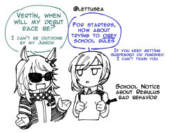  2girls alternate_universe animal_ears collared_shirt english_text greyscale hair_bun hands_up horse_ears horse_girl jacket kemonomimi_mode lettuce_(lettusea) looking_at_another looking_to_the_side monochrome multiple_girls open_mouth paper polka_dot_neckerchief regulus_(reverse:1999) reverse:1999 shirt short_hair single_side_bun speech_bubble spot_color sunglasses tracen_training_uniform track_jacket twitter_username umamusume upper_body vest waistcoat 